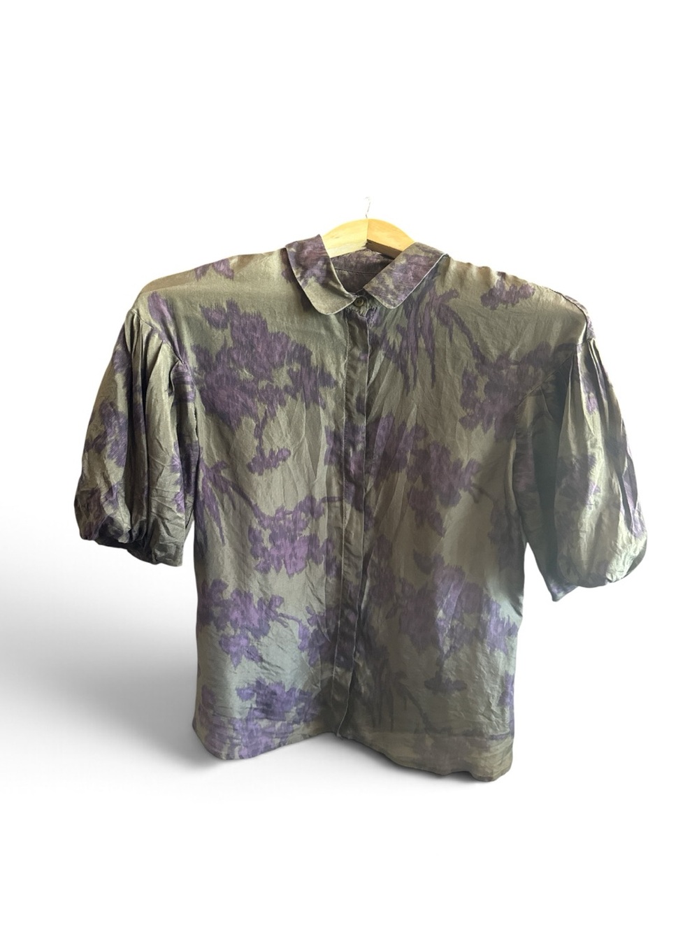 Olive Green & Purple Floral Short-Sleeve Button Up Blouse Shirt Size 6 Women’s